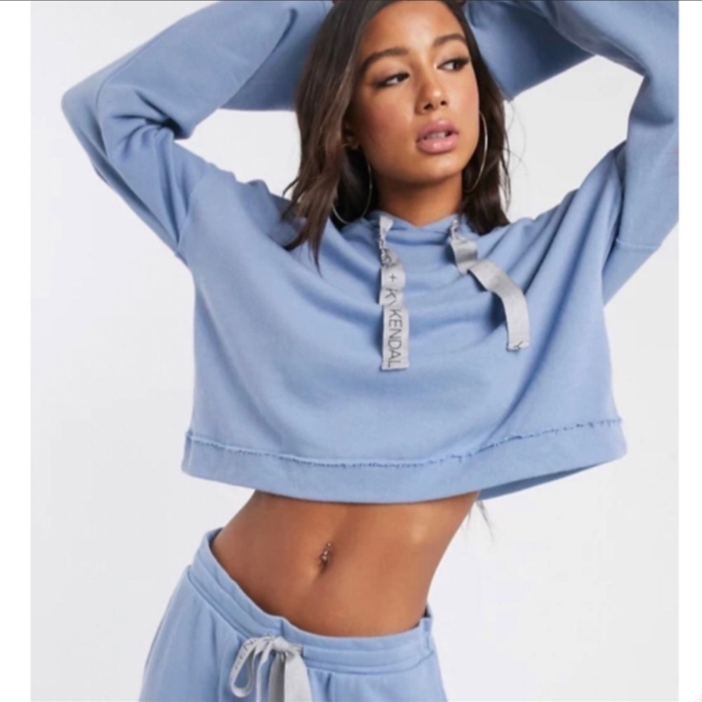 Kendall + Kylie Lounge Cropped Hoodie Top Blue L